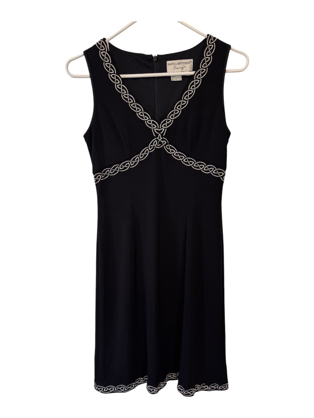 Papell Classic Black VNeck Sheath SleevelessDress Silver Trim Back Zipper Sz 4P - Picture 2 of 11